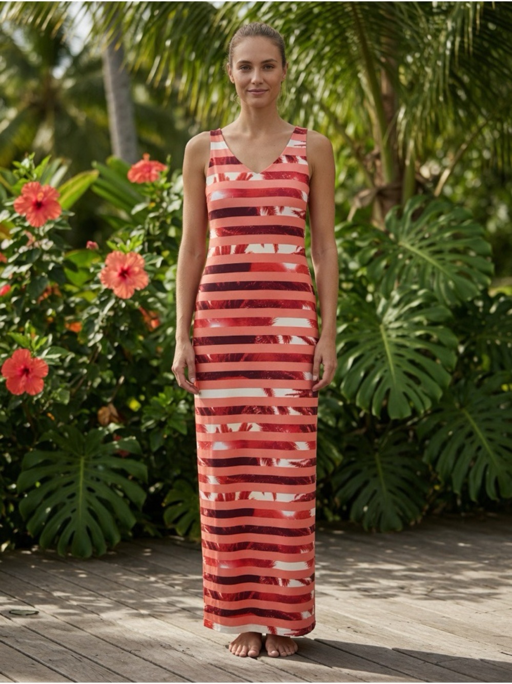 Apt. 9 Red and Coral Striped Sleeveless Maxi Dress size XS
